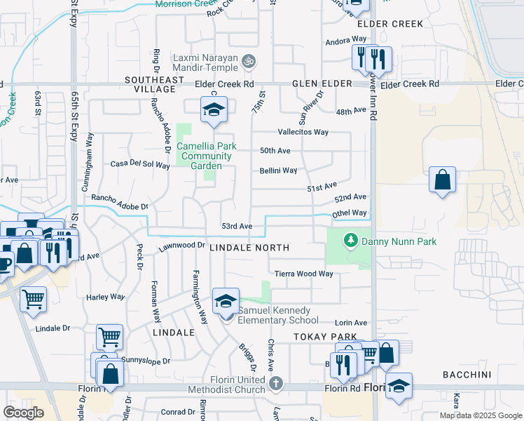 map of restaurants, bars, coffee shops, grocery stores, and more near 7521 52nd Avenue in Sacramento
