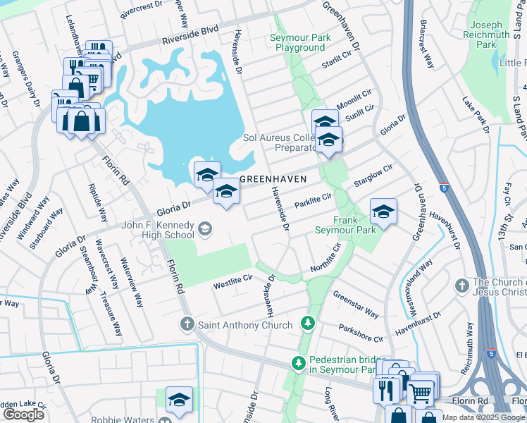 map of restaurants, bars, coffee shops, grocery stores, and more near 19 Cavalcade Circle in Sacramento