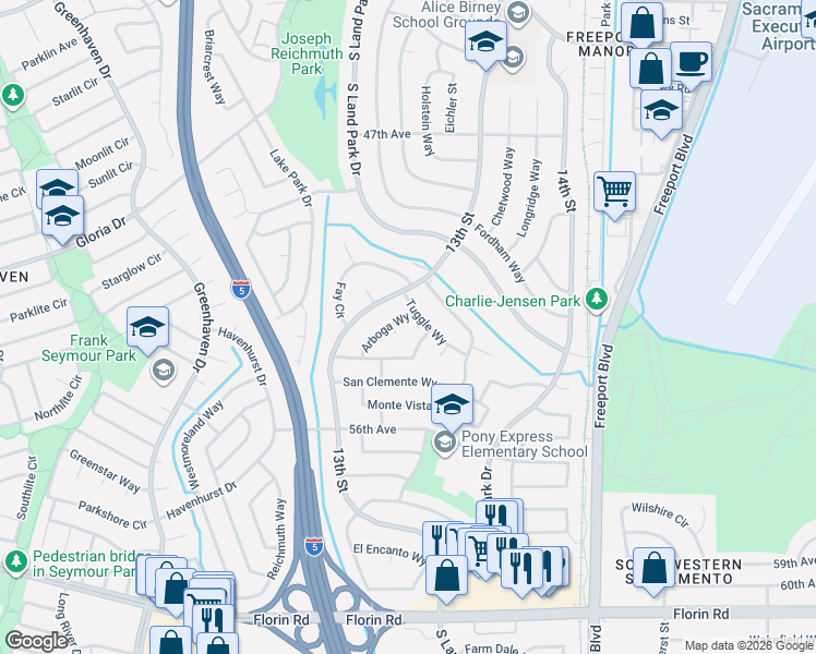 map of restaurants, bars, coffee shops, grocery stores, and more near 1310 Tuggle Way in Sacramento
