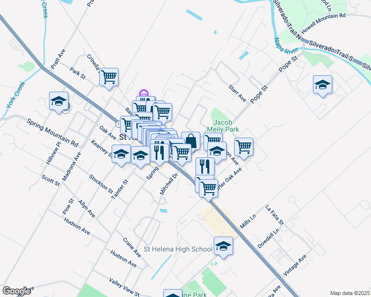 map of restaurants, bars, coffee shops, grocery stores, and more near 1144 Edwards Street in St. Helena