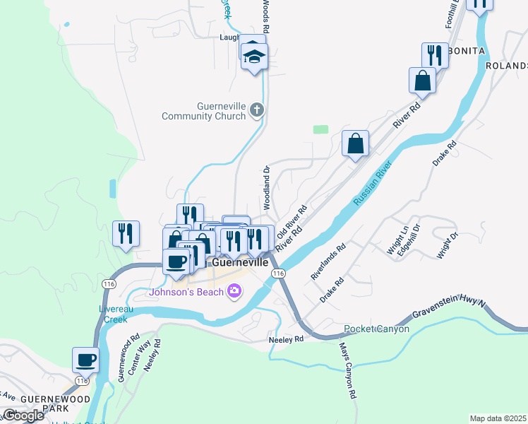 map of restaurants, bars, coffee shops, grocery stores, and more near 14141 Woodland Drive in Guerneville