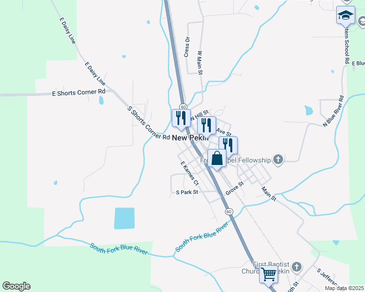 map of restaurants, bars, coffee shops, grocery stores, and more near in New Pekin