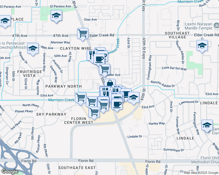map of restaurants, bars, coffee shops, grocery stores, and more near 6725 Stockton Boulevard in Sacramento