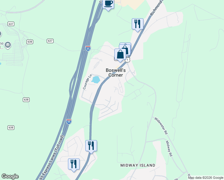 map of restaurants, bars, coffee shops, grocery stores, and more near 106 Lentz Lane in Stafford