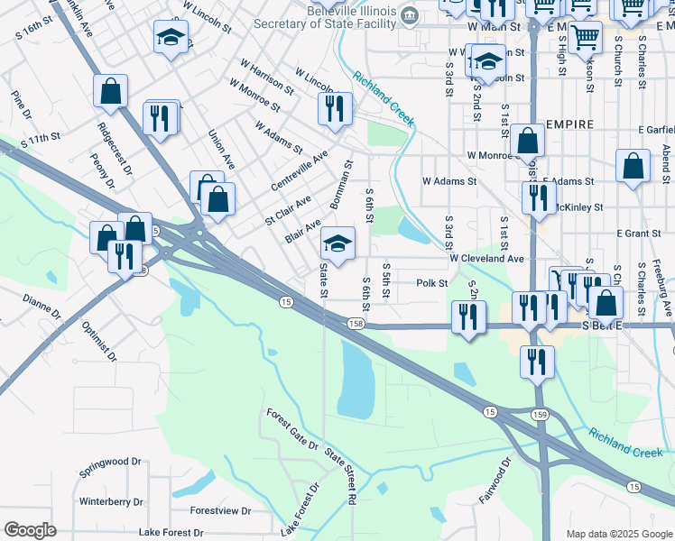 map of restaurants, bars, coffee shops, grocery stores, and more near 700 West Cleveland Avenue in Belleville
