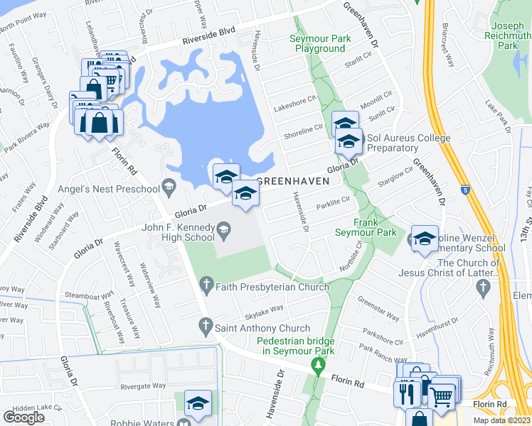 map of restaurants, bars, coffee shops, grocery stores, and more near 38 Cavalcade Circle in Sacramento