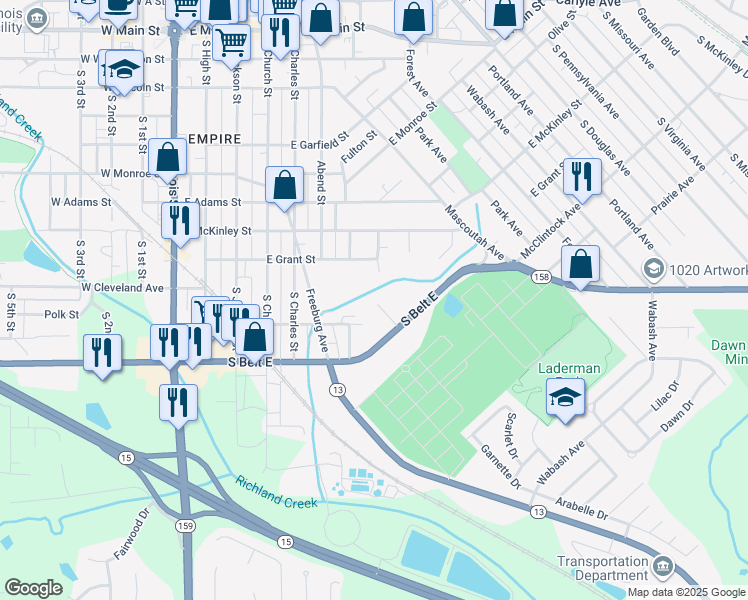 map of restaurants, bars, coffee shops, grocery stores, and more near 901 Terrace Drive in Belleville