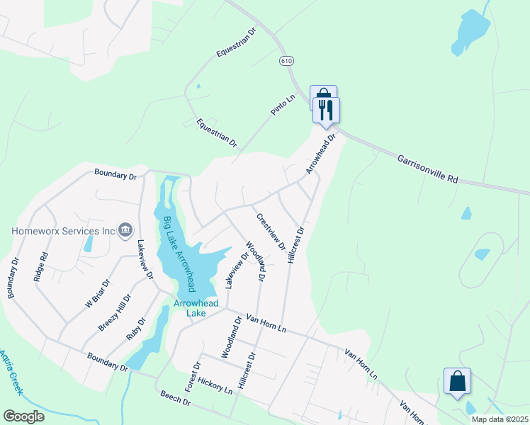 map of restaurants, bars, coffee shops, grocery stores, and more near 3 Crestview Drive in Stafford