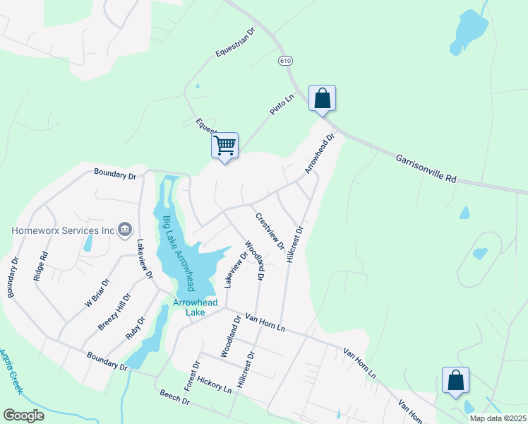 map of restaurants, bars, coffee shops, grocery stores, and more near 3 Crestview Drive in Stafford