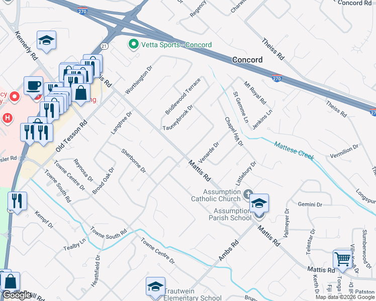 map of restaurants, bars, coffee shops, grocery stores, and more near 4663 Towne South Road in St. Louis