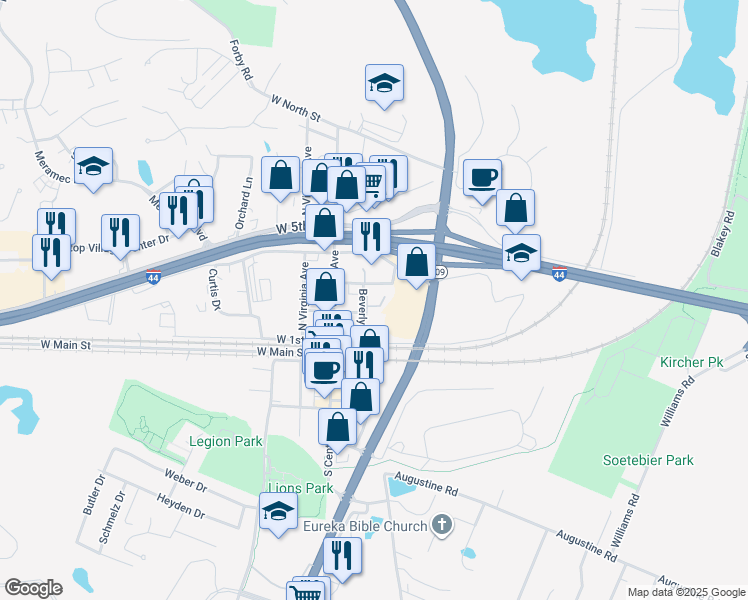 map of restaurants, bars, coffee shops, grocery stores, and more near 101 Towne Square Court in Eureka