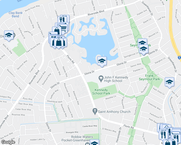 map of restaurants, bars, coffee shops, grocery stores, and more near Gloria Dr & Reef Ct in Sacramento