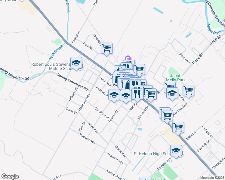 map of restaurants, bars, coffee shops, grocery stores, and more near 1451 Oak Avenue in St. Helena