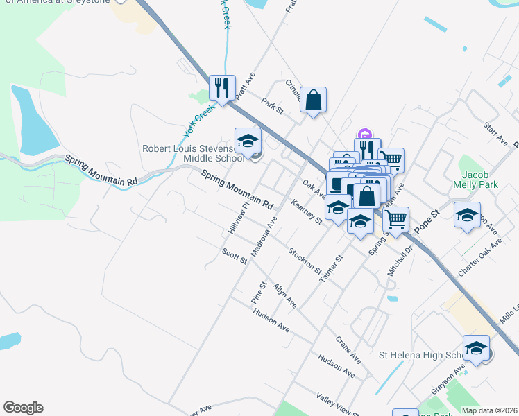 map of restaurants, bars, coffee shops, grocery stores, and more near 1665 Spring Mountain Road in St. Helena