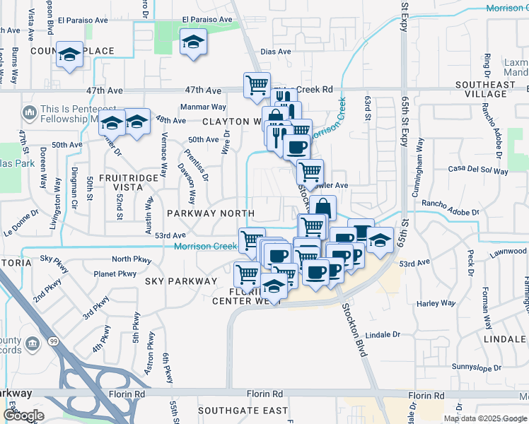 map of restaurants, bars, coffee shops, grocery stores, and more near 6760 Riza Avenue in Sacramento