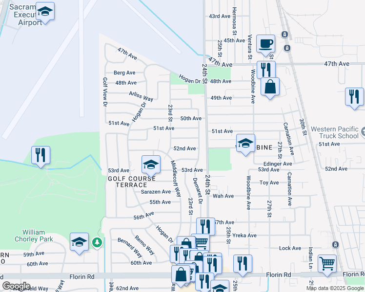 map of restaurants, bars, coffee shops, grocery stores, and more near 2324 Worsham Avenue in Sacramento
