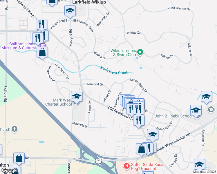 map of restaurants, bars, coffee shops, grocery stores, and more near 4926 Deerwood Drive in Santa Rosa