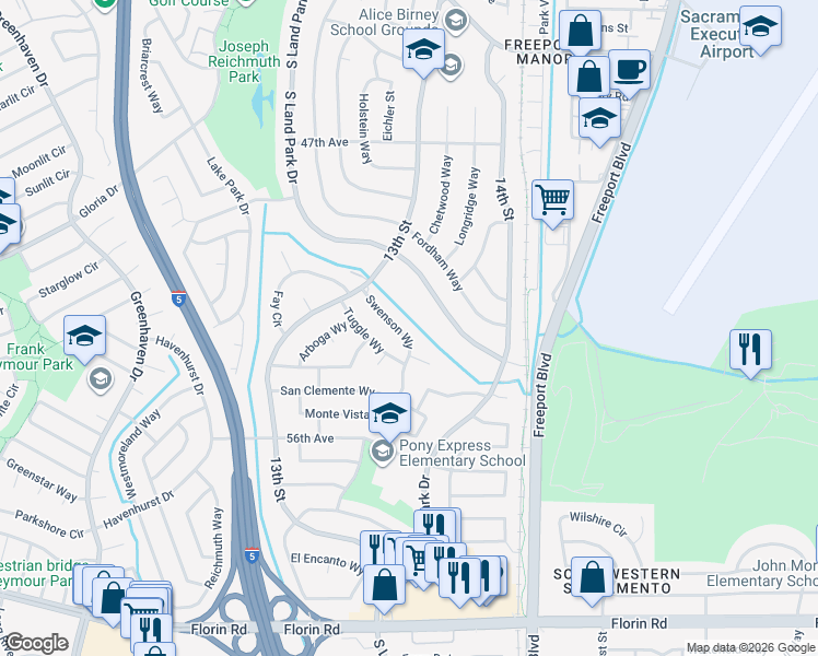 map of restaurants, bars, coffee shops, grocery stores, and more near 6683 Swenson Way in Sacramento