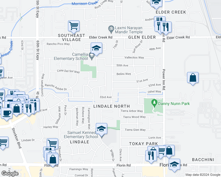 map of restaurants, bars, coffee shops, grocery stores, and more near 6740 75th Street in Sacramento