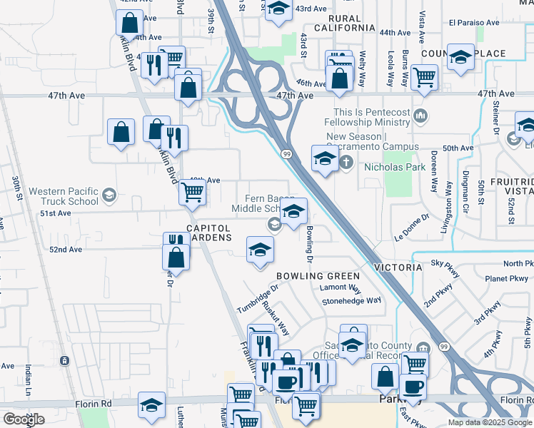 map of restaurants, bars, coffee shops, grocery stores, and more near 4155 Cuny Avenue in Sacramento