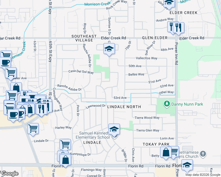 map of restaurants, bars, coffee shops, grocery stores, and more near 7420 53rd Avenue in Sacramento