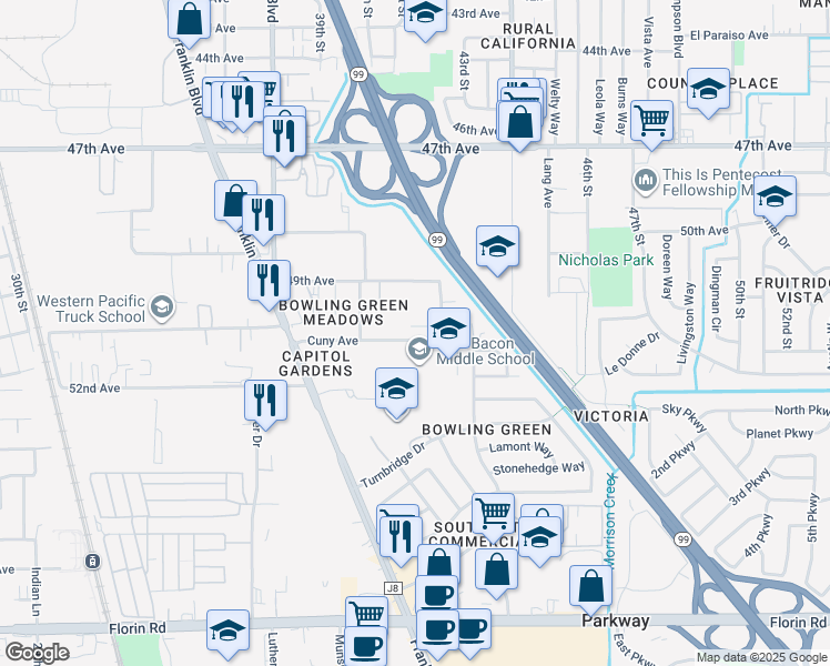 map of restaurants, bars, coffee shops, grocery stores, and more near 4155 Cuny Avenue in Sacramento