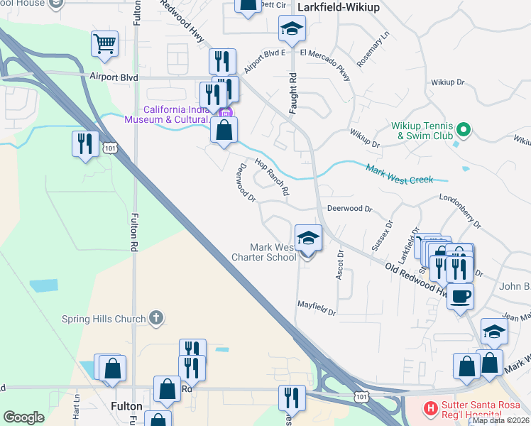 map of restaurants, bars, coffee shops, grocery stores, and more near 62 Noonan Ranch Circle in Santa Rosa