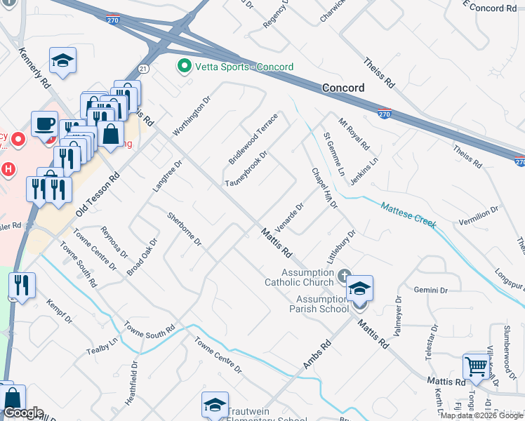 map of restaurants, bars, coffee shops, grocery stores, and more near 4663 Towne South Road in Saint Louis