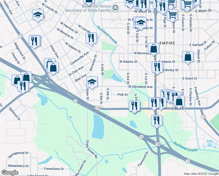 map of restaurants, bars, coffee shops, grocery stores, and more near 414 West Cleveland Avenue in Belleville