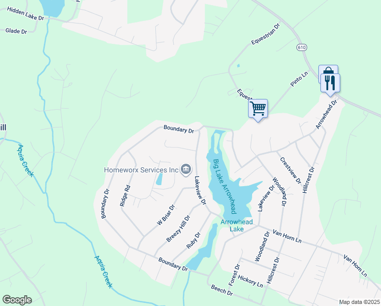 map of restaurants, bars, coffee shops, grocery stores, and more near 1085 Lakeview Drive in Stafford