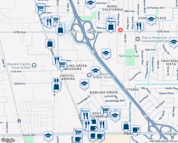 map of restaurants, bars, coffee shops, grocery stores, and more near 4173 Cuny Avenue in Sacramento