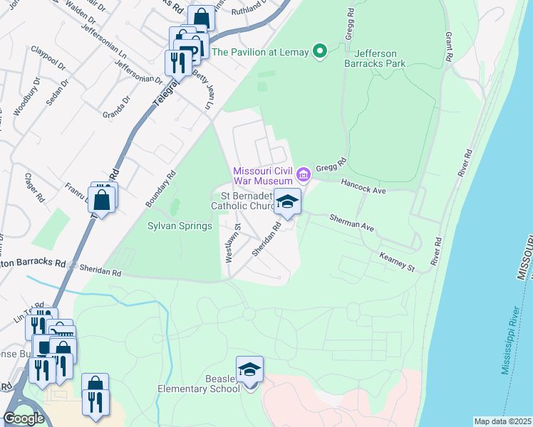 map of restaurants, bars, coffee shops, grocery stores, and more near 114 Kearney Street in Saint Louis