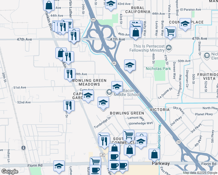 map of restaurants, bars, coffee shops, grocery stores, and more near 4155 Cuny Avenue in Sacramento