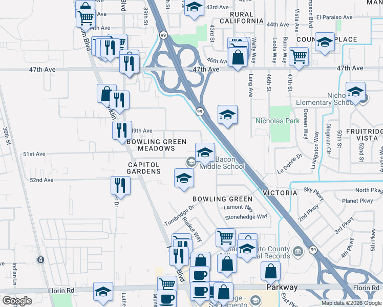 map of restaurants, bars, coffee shops, grocery stores, and more near 4173 Cuny Avenue in Sacramento
