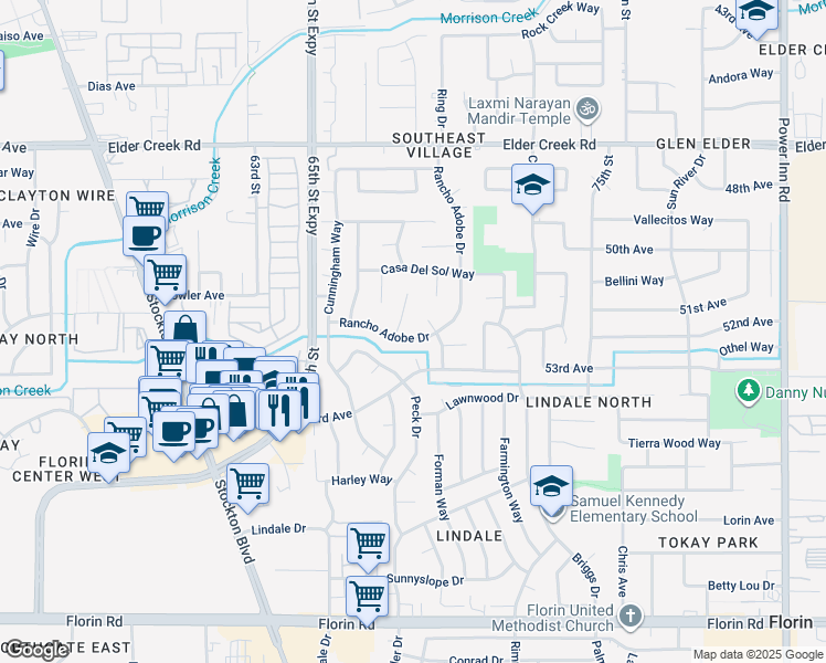 map of restaurants, bars, coffee shops, grocery stores, and more near 6760 Rancho Adobe Dr in Sacramento