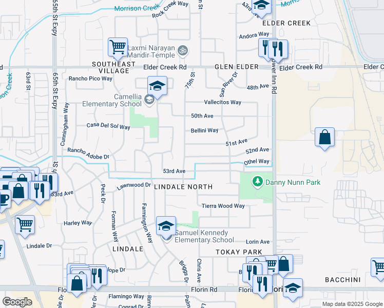 map of restaurants, bars, coffee shops, grocery stores, and more near 7521 52nd Avenue in Sacramento