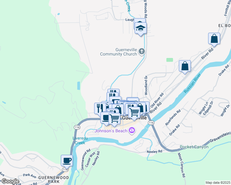map of restaurants, bars, coffee shops, grocery stores, and more near 14255 Mill Court in Guerneville
