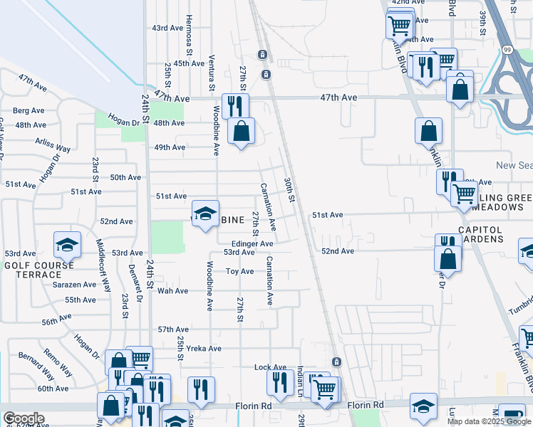 map of restaurants, bars, coffee shops, grocery stores, and more near 6641 27th Street in Sacramento