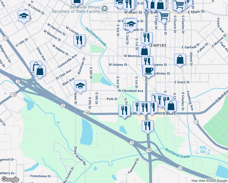 map of restaurants, bars, coffee shops, grocery stores, and more near 321 West Cleveland Avenue in Belleville