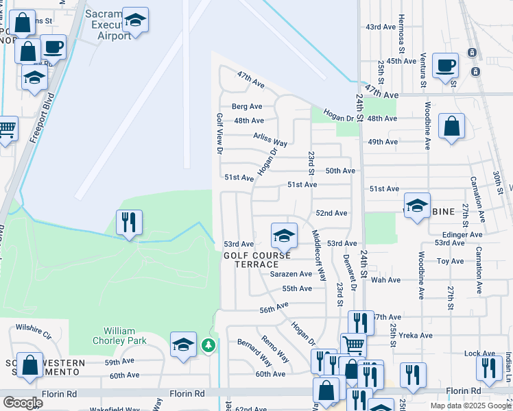map of restaurants, bars, coffee shops, grocery stores, and more near 2130 Monfieth Way in Sacramento