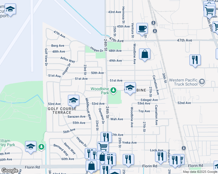 map of restaurants, bars, coffee shops, grocery stores, and more near 6655 24th Street in Sacramento