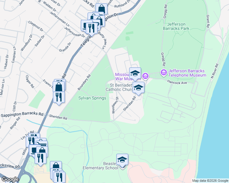 map of restaurants, bars, coffee shops, grocery stores, and more near 2705 Westlawn Street in St. Louis