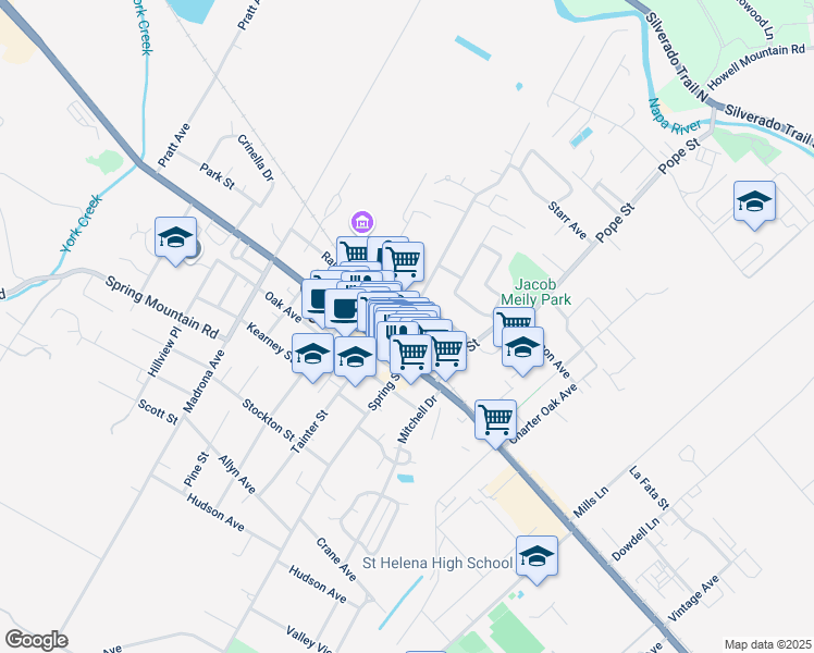 map of restaurants, bars, coffee shops, grocery stores, and more near 1451 Oak Avenue in St. Helena