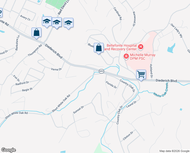 map of restaurants, bars, coffee shops, grocery stores, and more near Country Club Drive in Ashland
