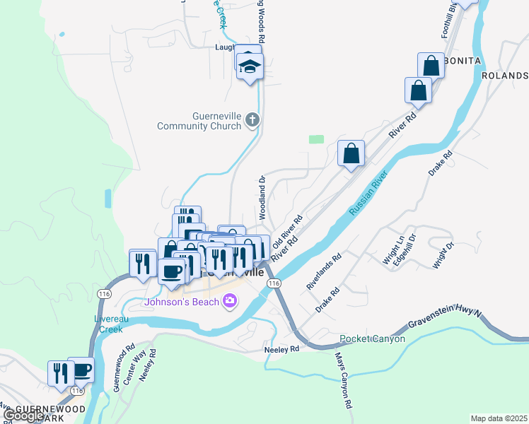 map of restaurants, bars, coffee shops, grocery stores, and more near 14141 Woodland Drive in Guerneville
