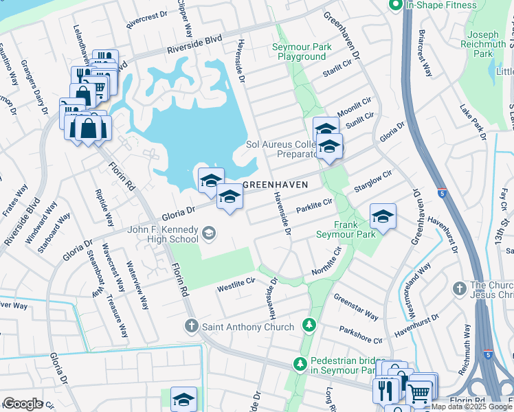 map of restaurants, bars, coffee shops, grocery stores, and more near 19 Cavalcade Circle in Sacramento