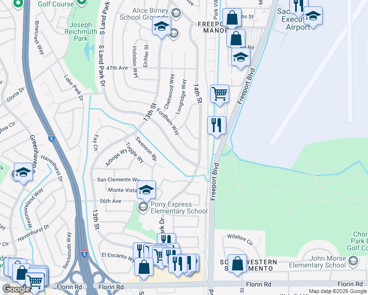 map of restaurants, bars, coffee shops, grocery stores, and more near 6661 South Land Park Drive in Sacramento