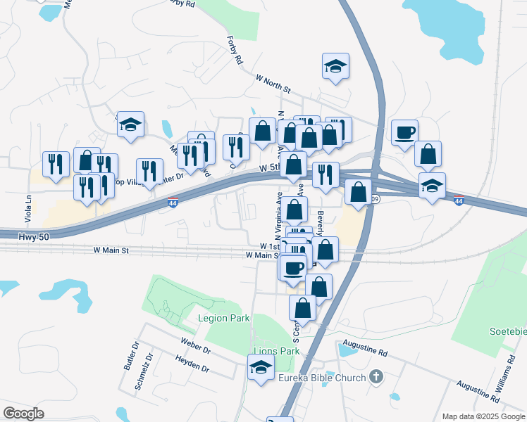 map of restaurants, bars, coffee shops, grocery stores, and more near 223 North Virginia Avenue in Eureka