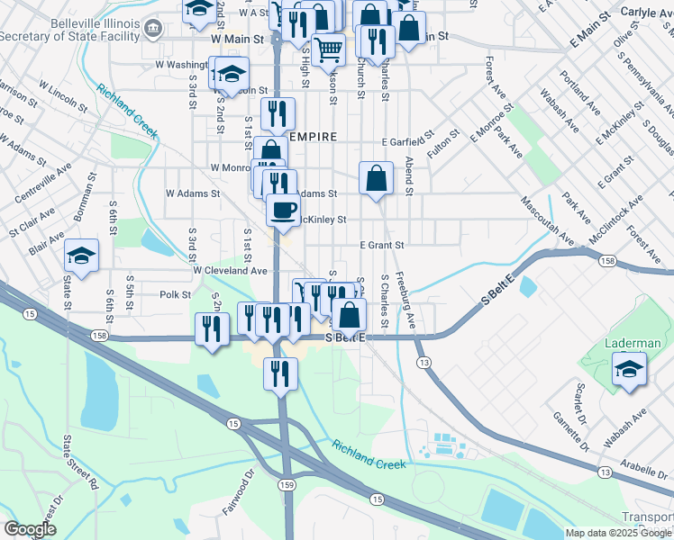 map of restaurants, bars, coffee shops, grocery stores, and more near 822 South Jackson Street in Belleville