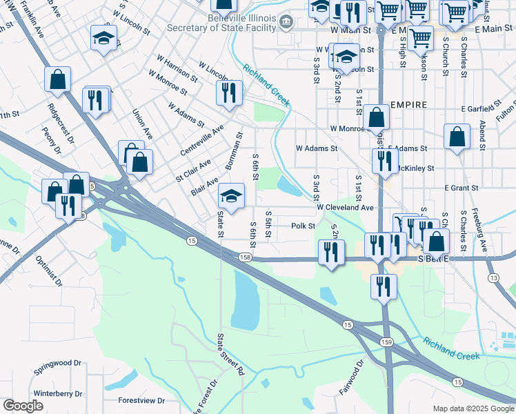 map of restaurants, bars, coffee shops, grocery stores, and more near 605 West Cleveland Avenue in Belleville